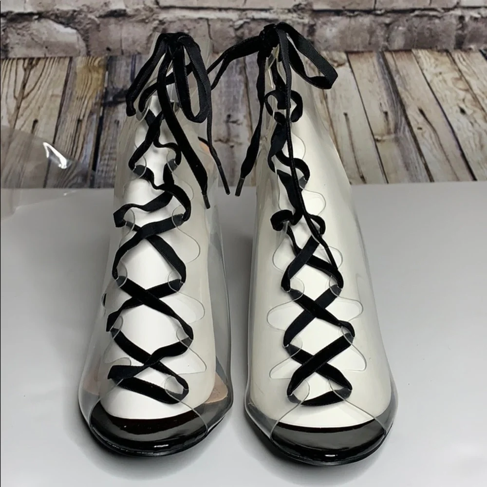 Chase + Chloe Gigi clear heels black velvet laces size 9 NWT